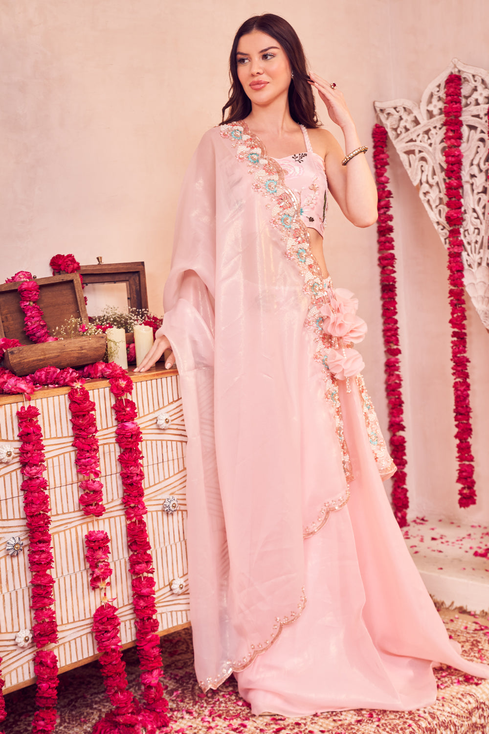 Floral Bubble Set Pink Organza Embroidered and Embellished Lehenga Set with Blouse
