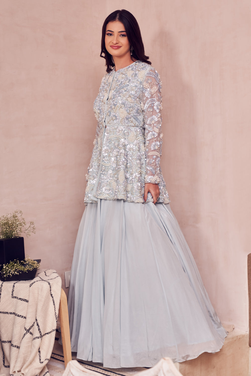 Gossamer Sky Blue Crepe Hand Embellished Pearls Closed Peplum Kurta With Lehenga