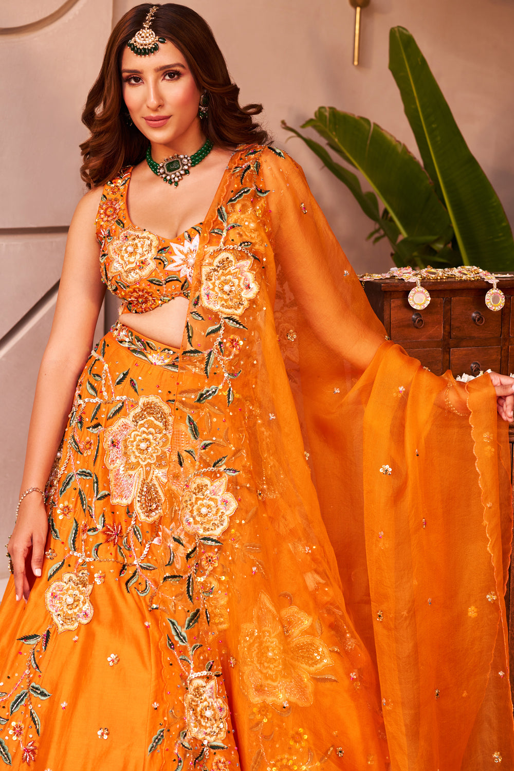 Shabnam Orange Kora Organza Embellished & Embroidered Kalidar Lehenga Set