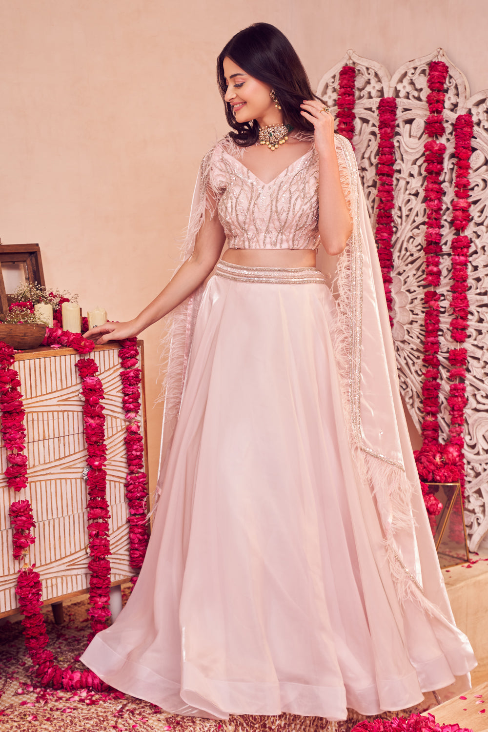 Gilded Pink Lehenga Glass Organza Embellished Lehenga set with Blouse