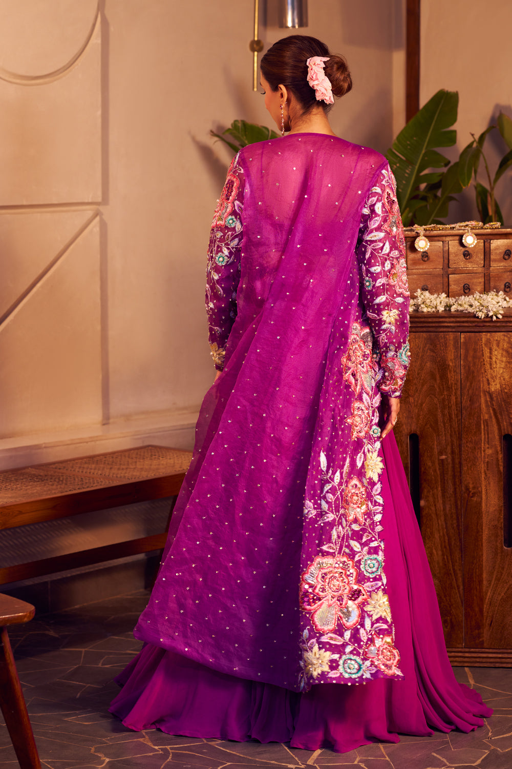 Radha Purple Georgette Embroidered Lehenga Set With Floral Patchwork Jacket