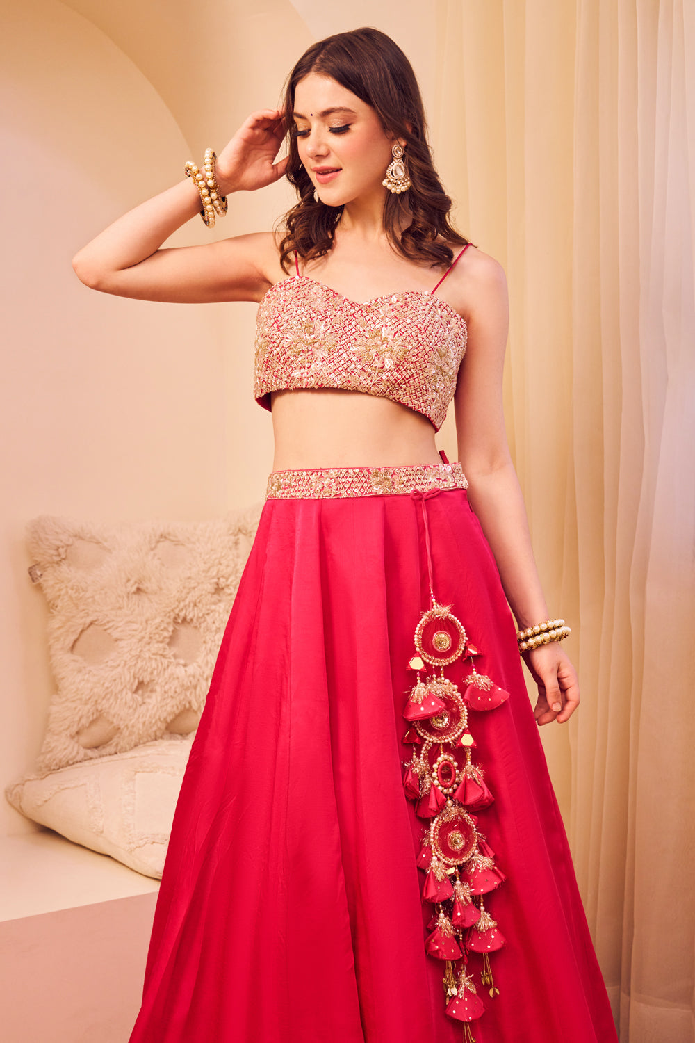 Aashiyaan Pink Satin Silk Lining Shantoon Embroidery Bahar Jaal Lehenga Set