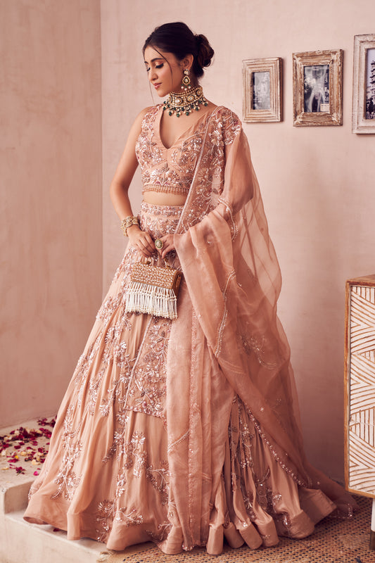 Gold Haze Rose Gold Organza Embroidery Sequin V Neck Haze Fleur Bridal Lehenga Set