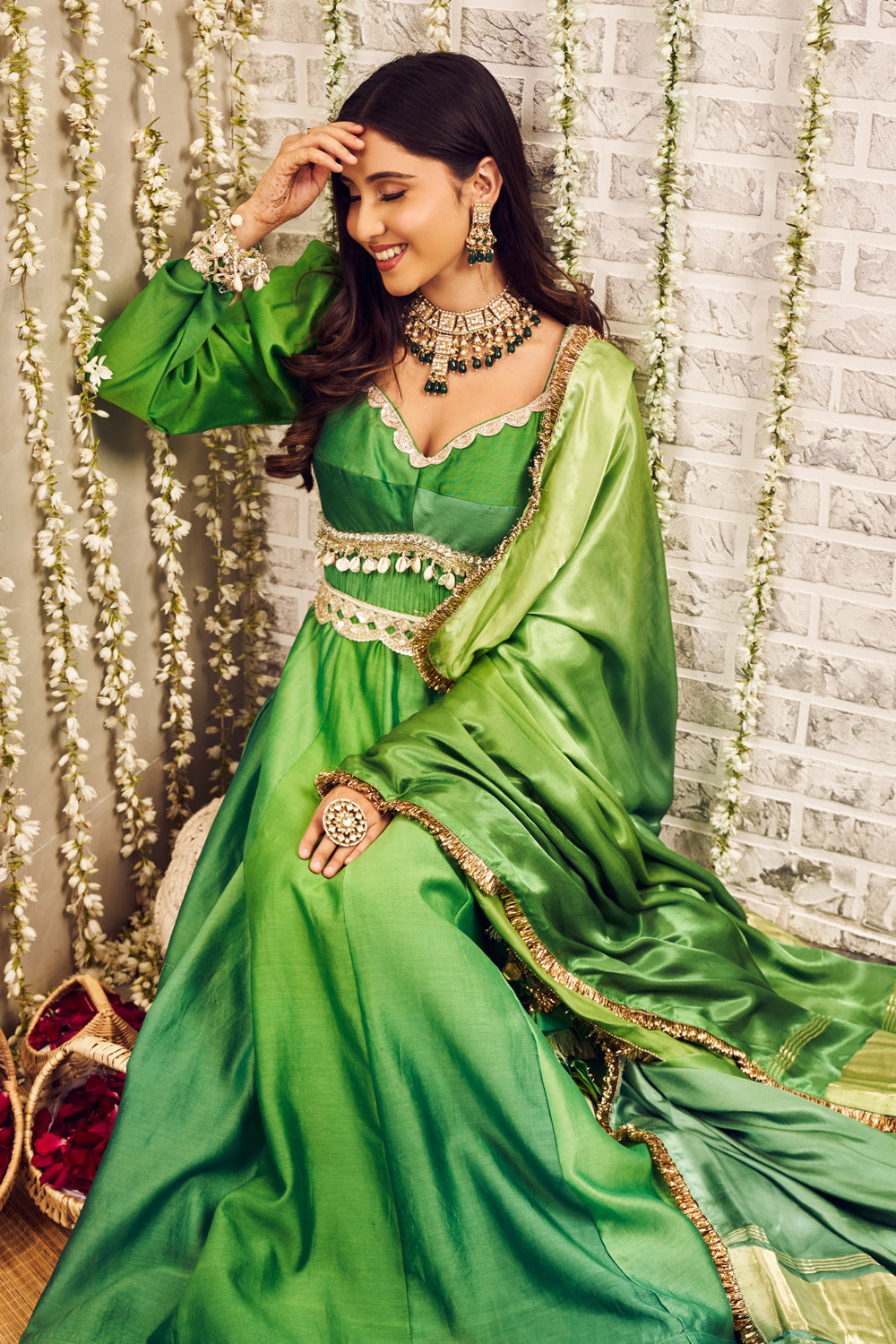 Shagna Aizaz Green Chanderi Anarkali with Dupatta