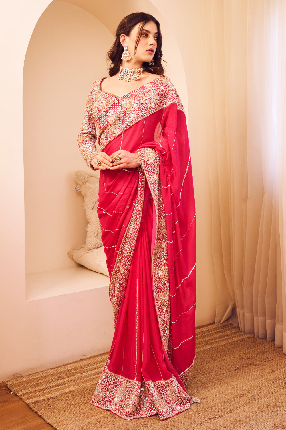 Riyaaz Pink Organza Lining Shantoon Phool Jaal Border Saree With Blouse