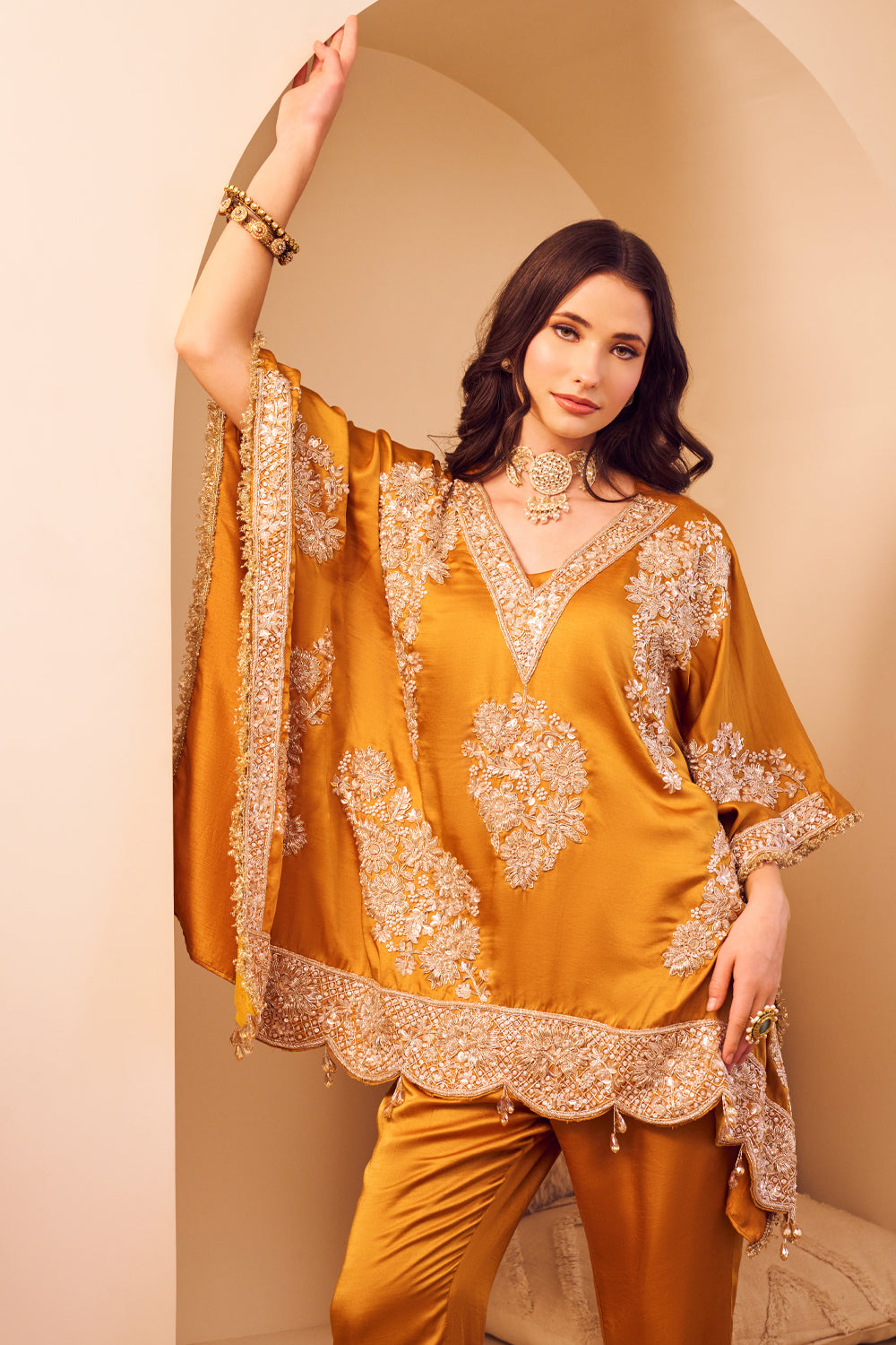 Seher Yellow Satin Silk Lining Shantoon Embroidery Gullista Kaftan With Pant
