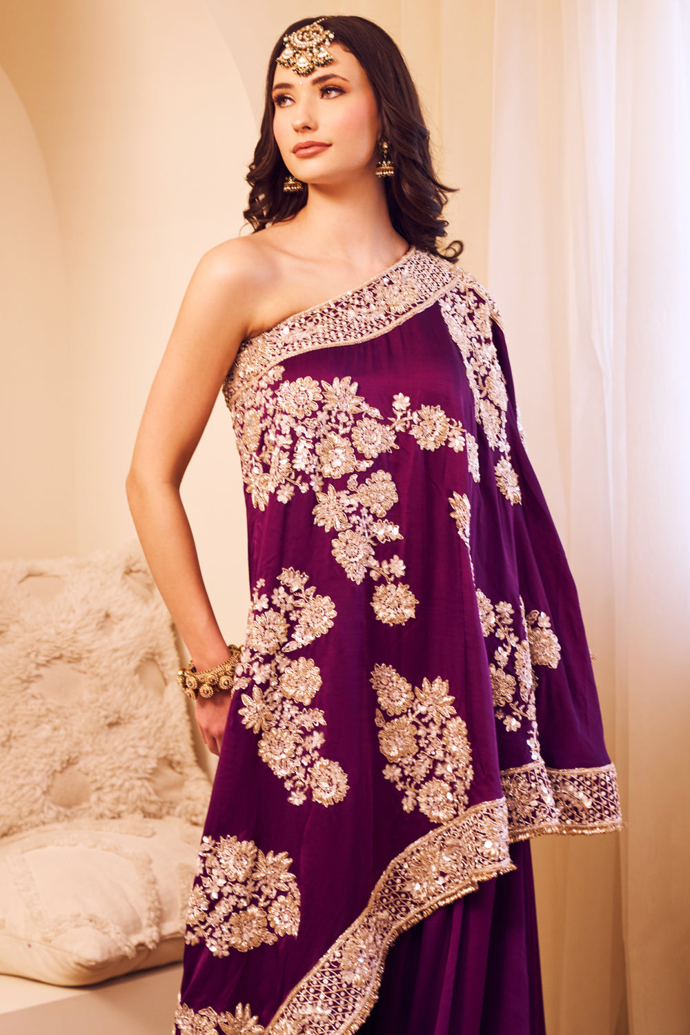 Swarna Purple Satin Silk Lining Shantoon Embroidery Rooh Bahar Kaftan With Sharara