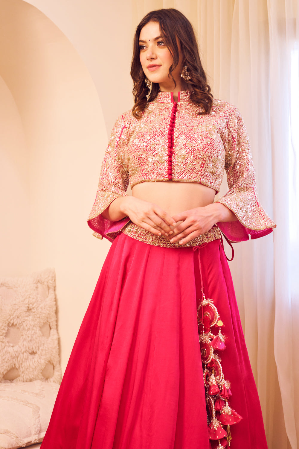 Masakali Pink Satin Silk Lining Shantoon Bloom Blouse With Lehenga