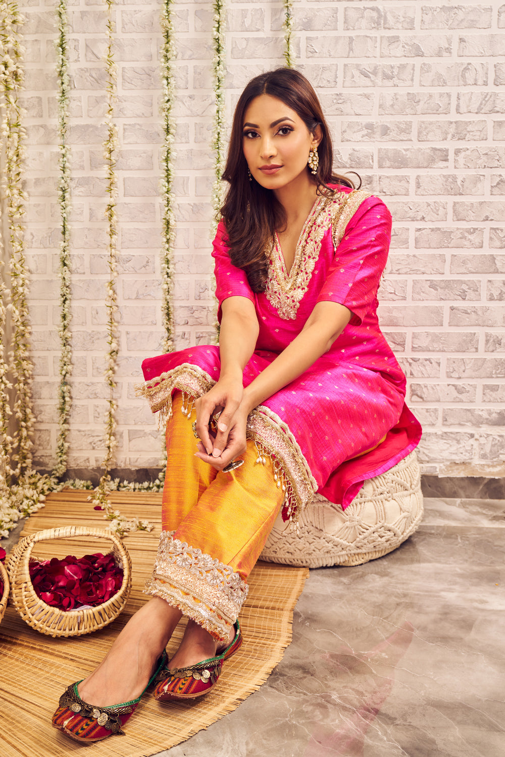 Shagna Suramya Pink Yellow Banarasi Kurti with Pants Set