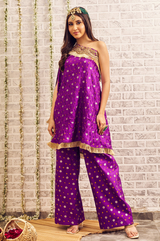 Shagna Khayal Purple Bandhani Textured Kaftan with Pants