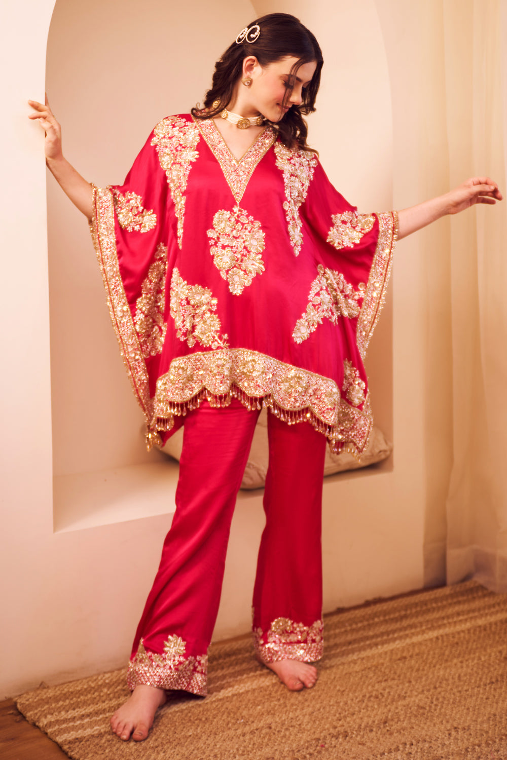Seher Hot Pink Satin Silk Lining Shantoon Gullistta Bloom Kaftan With Pant