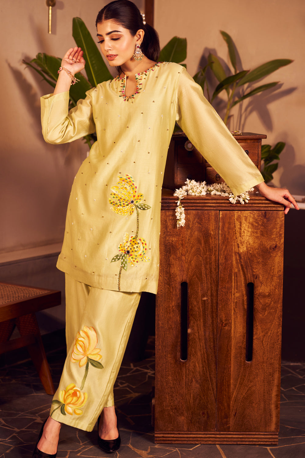 Lali Yellow Chanderi Embellished Sequin Floral Handpainted Kurta With Pant