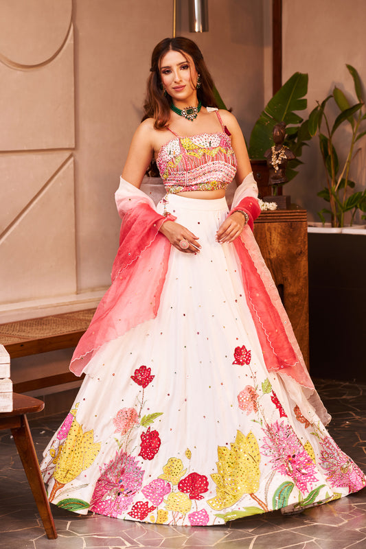 Meher Ivory Kora Organza Floral Sequins Embellishment & Embroidered Lehenga Set