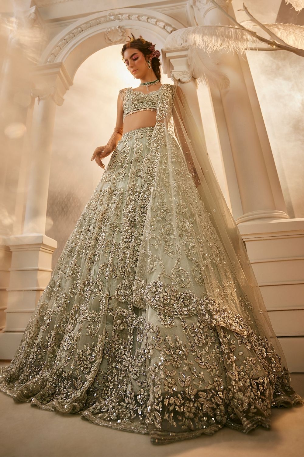 Artemis Mint Green Net Sequin Work Lehenga and Blouse with Dupatta