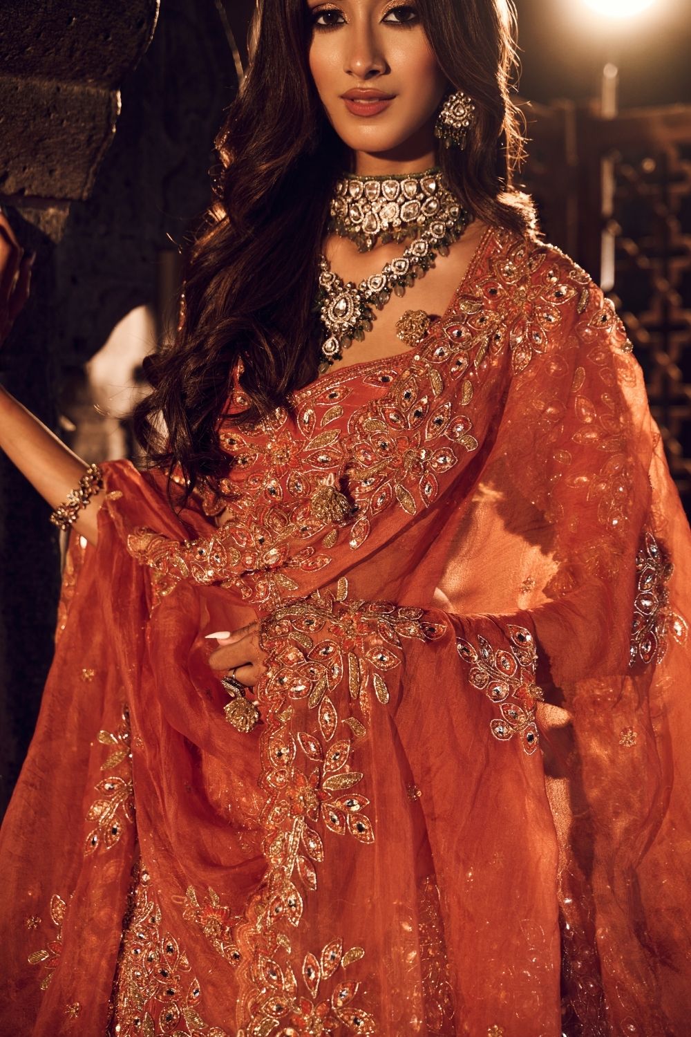 Ruqaiya Rust Crepe Kora Organza Lining Shantoon Bridal Lehenga Set