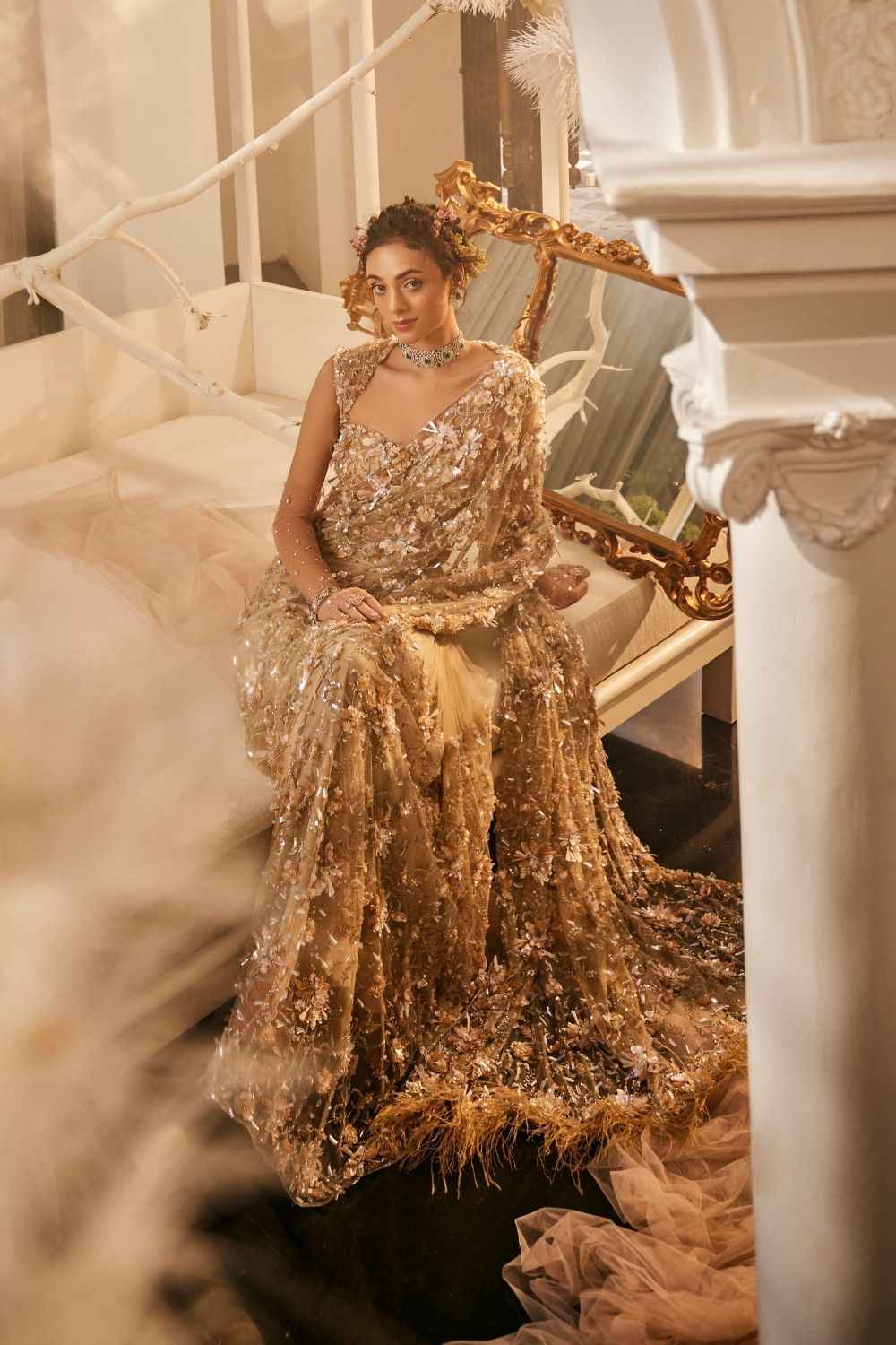 Themis Gold Embellished Net Saree and Blouse