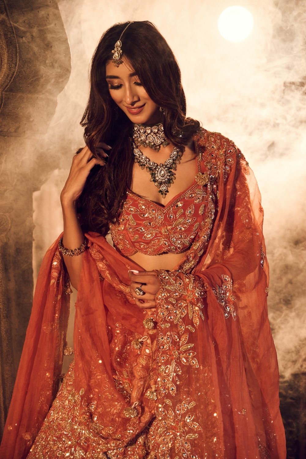 Ruqaiya Rust Crepe Kora Organza Lining Shantoon Bridal Lehenga Set