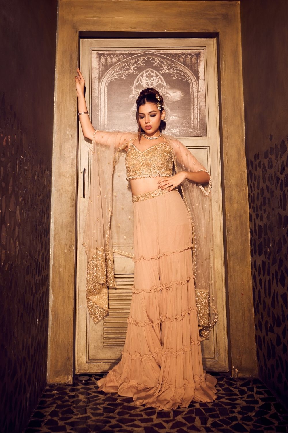 Maris Georgette Layered Garara with Net Bustier and Cape