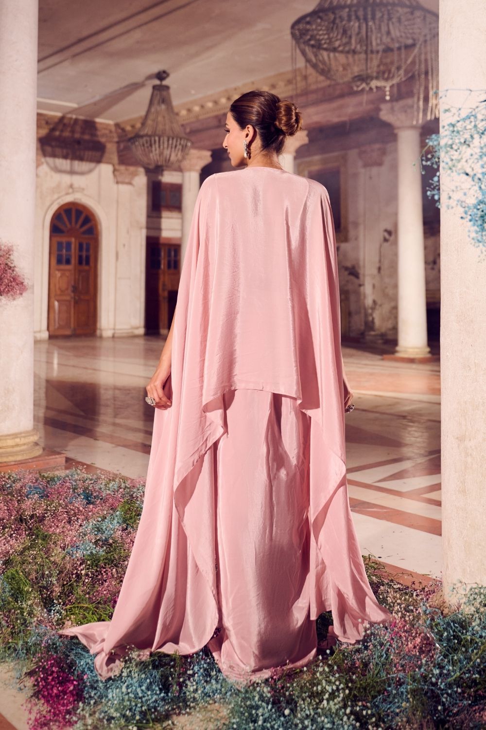 Ruhani Rose Gold Mirrorwork Draped Skirt with Kaftan