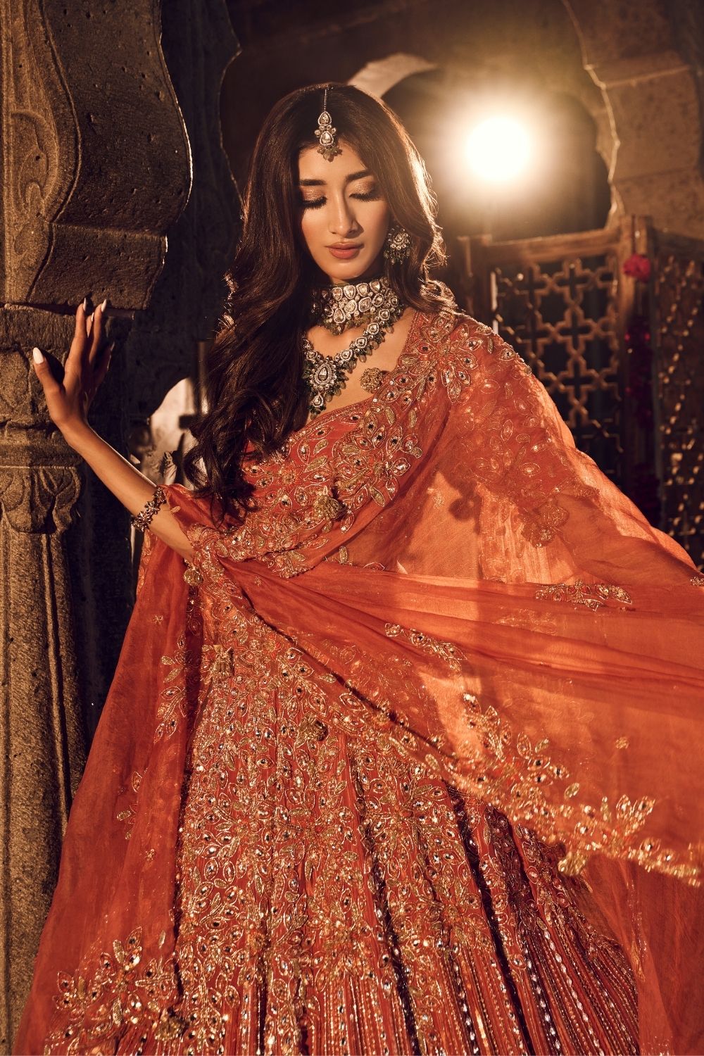 Ruqaiya Rust Crepe Kora Organza Lining Shantoon Bridal Lehenga Set