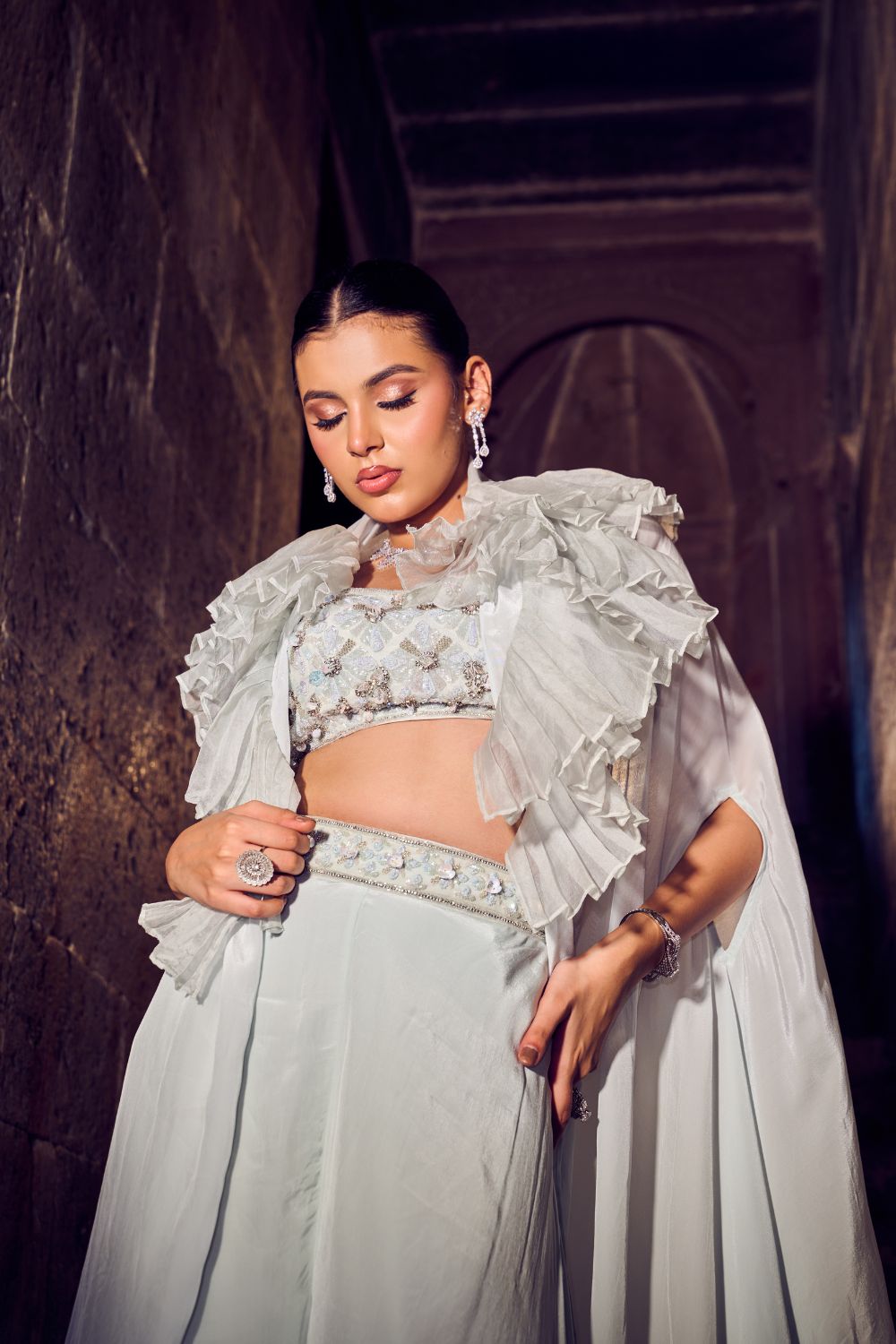 Astra Powder Blue Embellished Crepe Pant Set with Cape