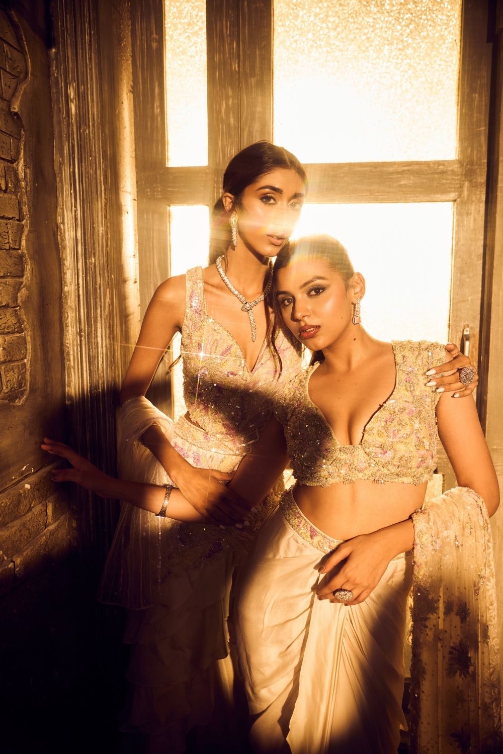 Virgo Green Ivory Ombre Embellished Sweetheart-Neck Satin Organza Net Drape Skirt Set with Dupatta