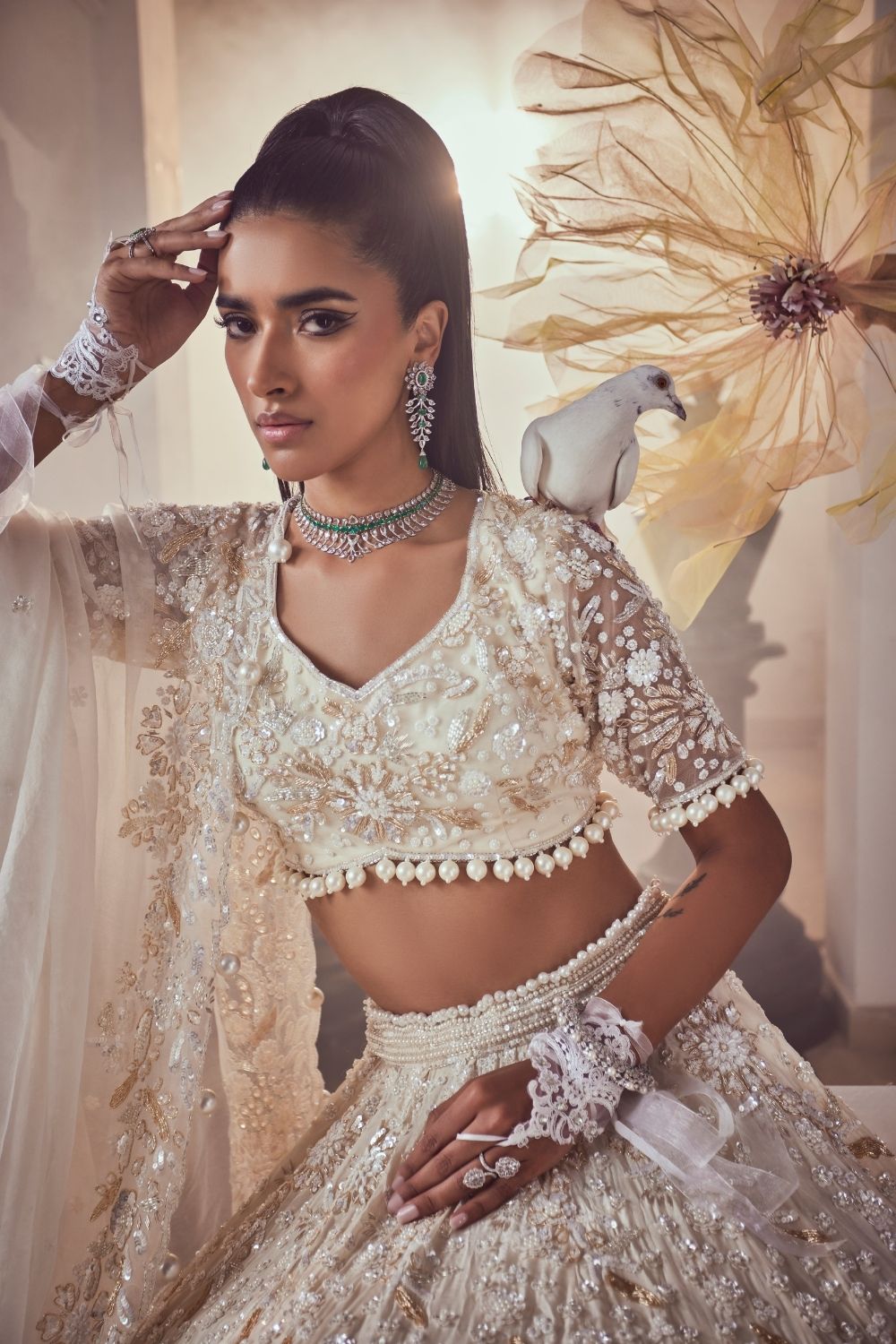Amalia Ivory Hand Embellished Crepe and Kora Fish-cut Pearl Bridal Lehenga Set with Sweetheart Neckline