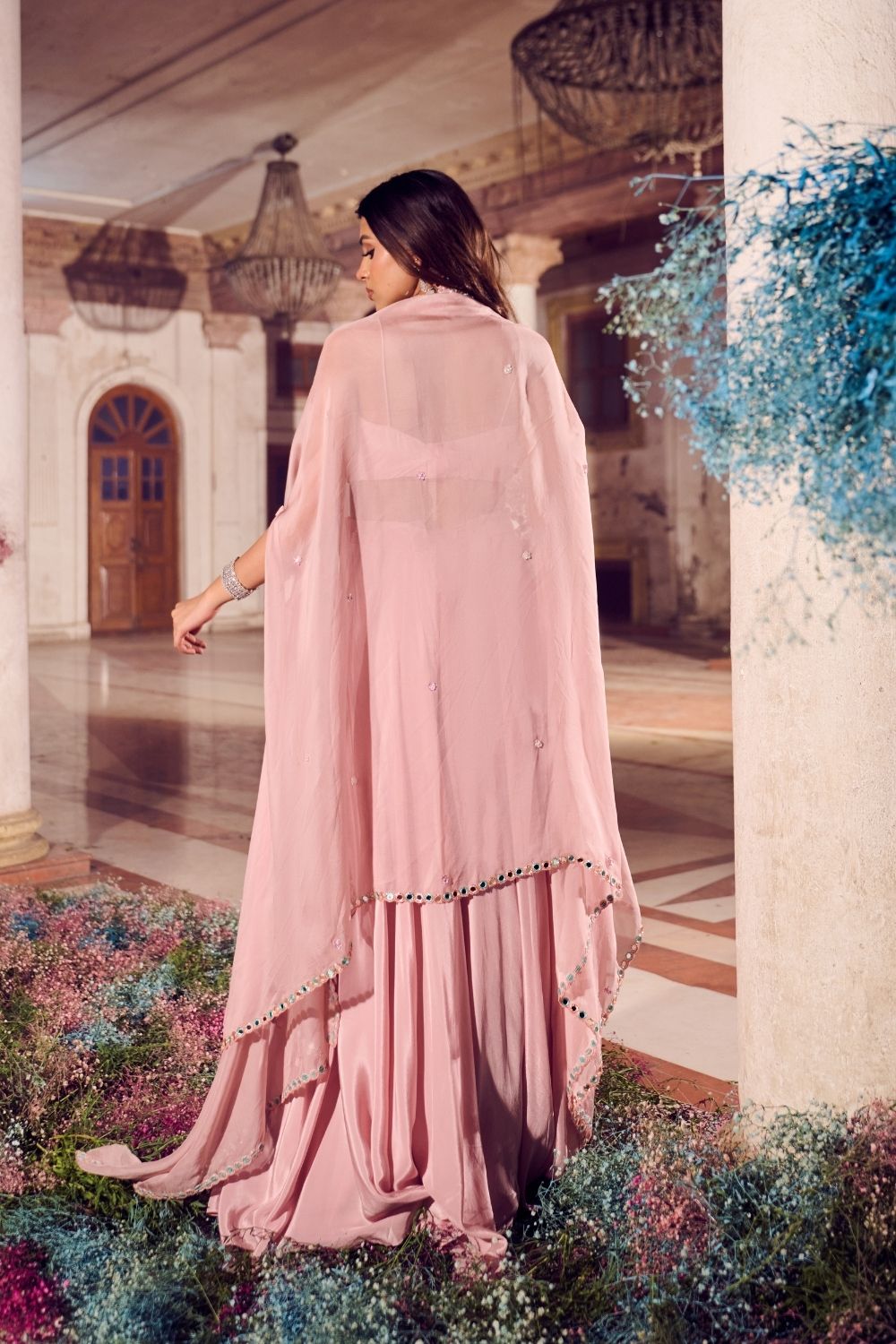 Lavanya Rose Gold Mirrorwork Skirt with Bustier and Cape