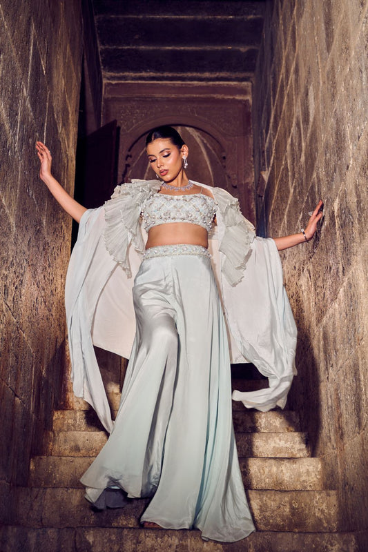 Astra Powder Blue Embellished Crepe Pant Set with Cape