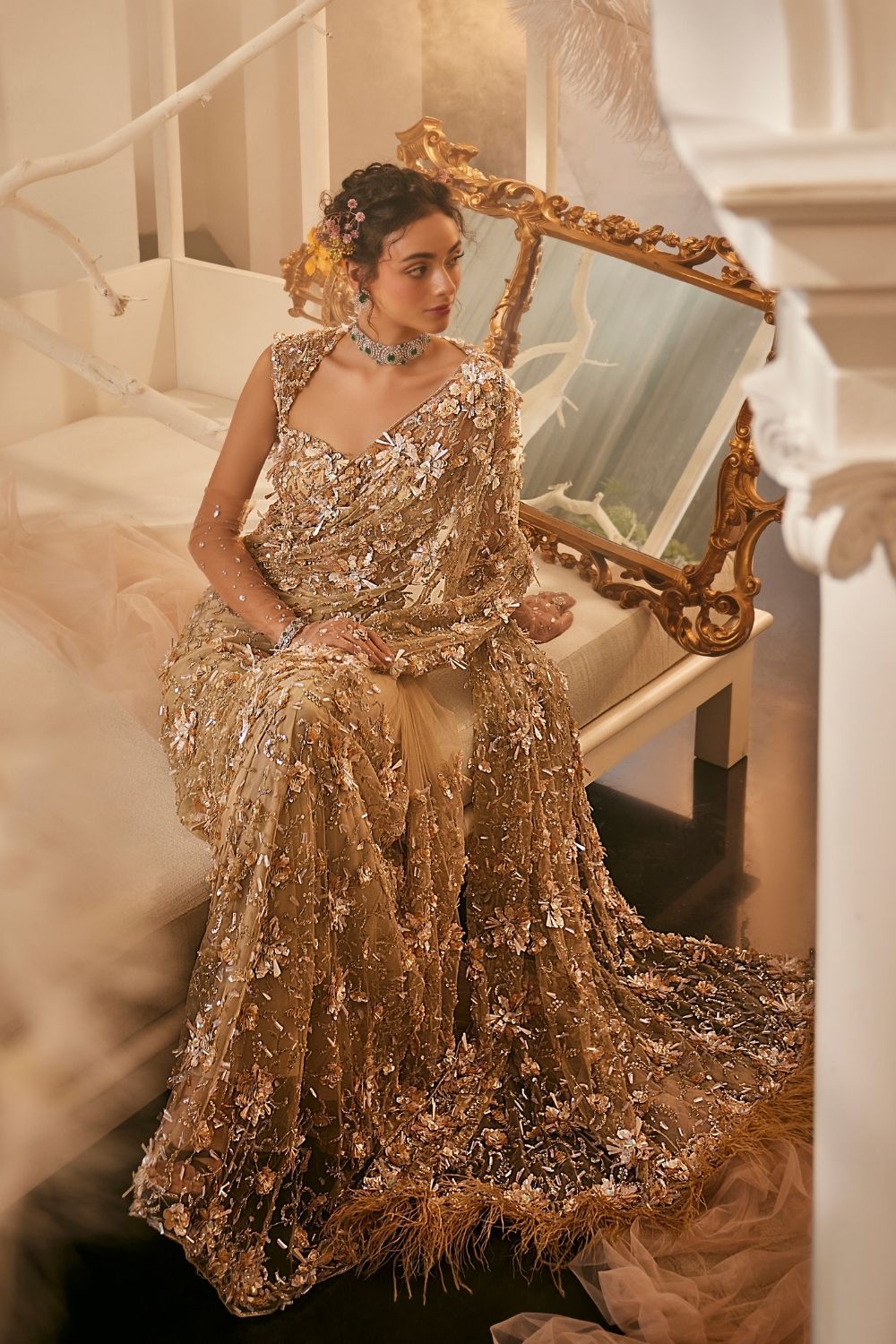 Themis Gold Embellished Net Saree and Blouse