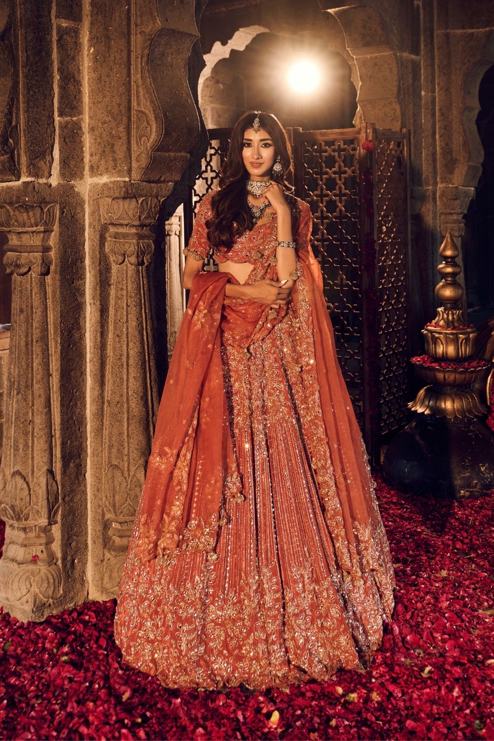 Ruqaiya Rust Crepe Kora Organza Lining Shantoon Bridal Lehenga Set