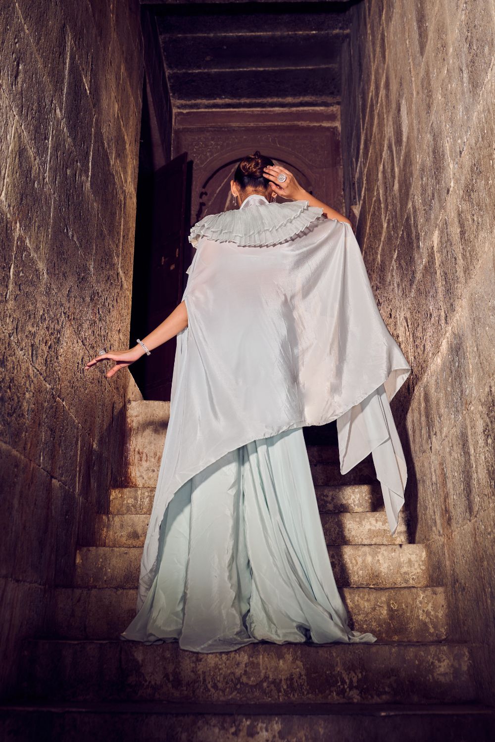 Astra Powder Blue Embellished Crepe Pant Set with Cape