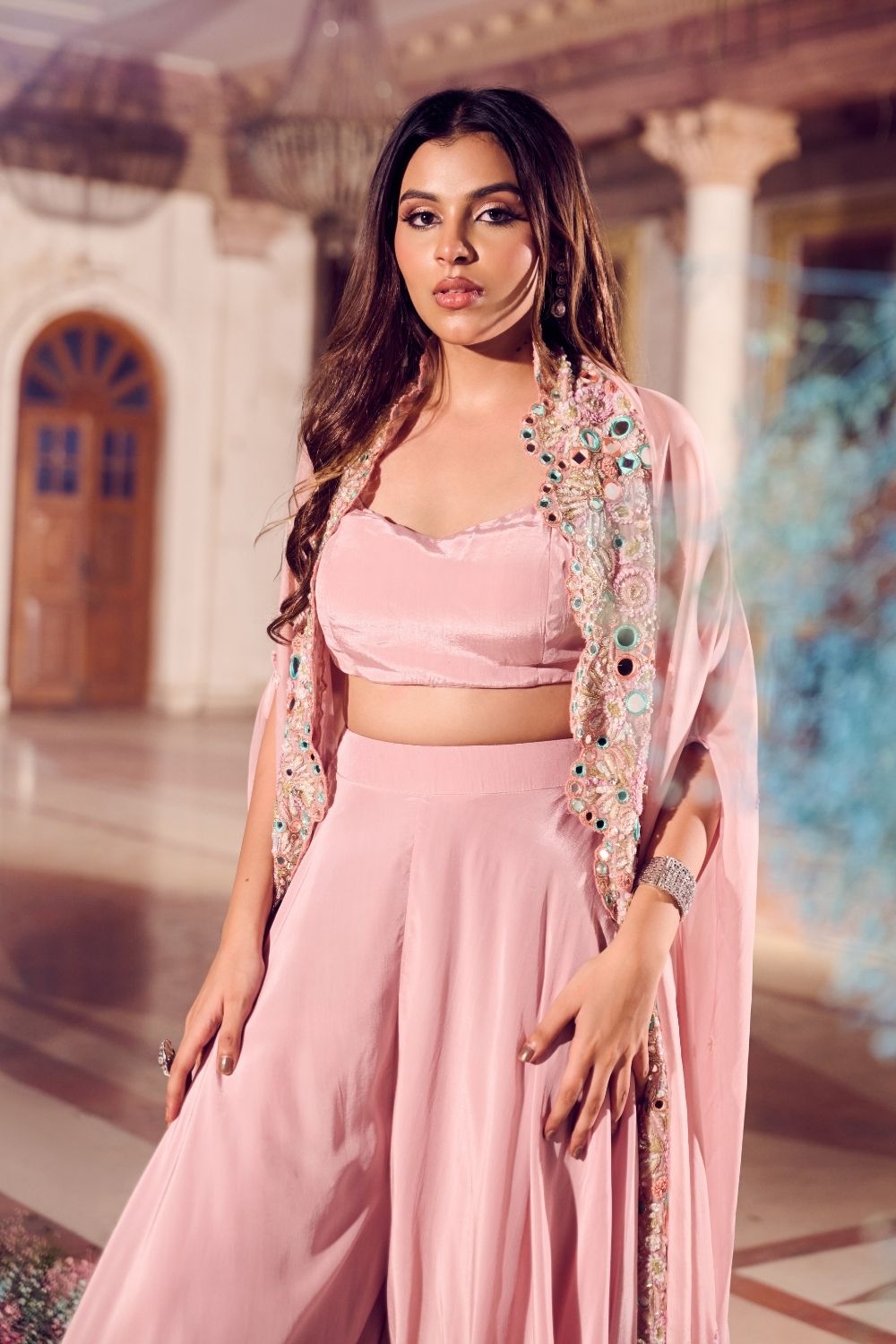 Lavanya Rose Gold Mirrorwork Skirt with Bustier and Cape