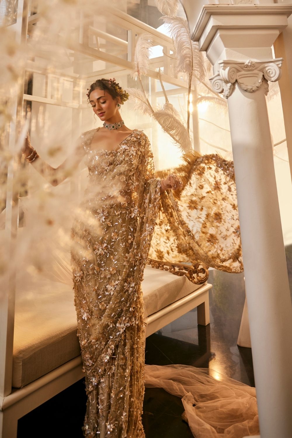 Themis Gold Embellished Net Saree and Blouse