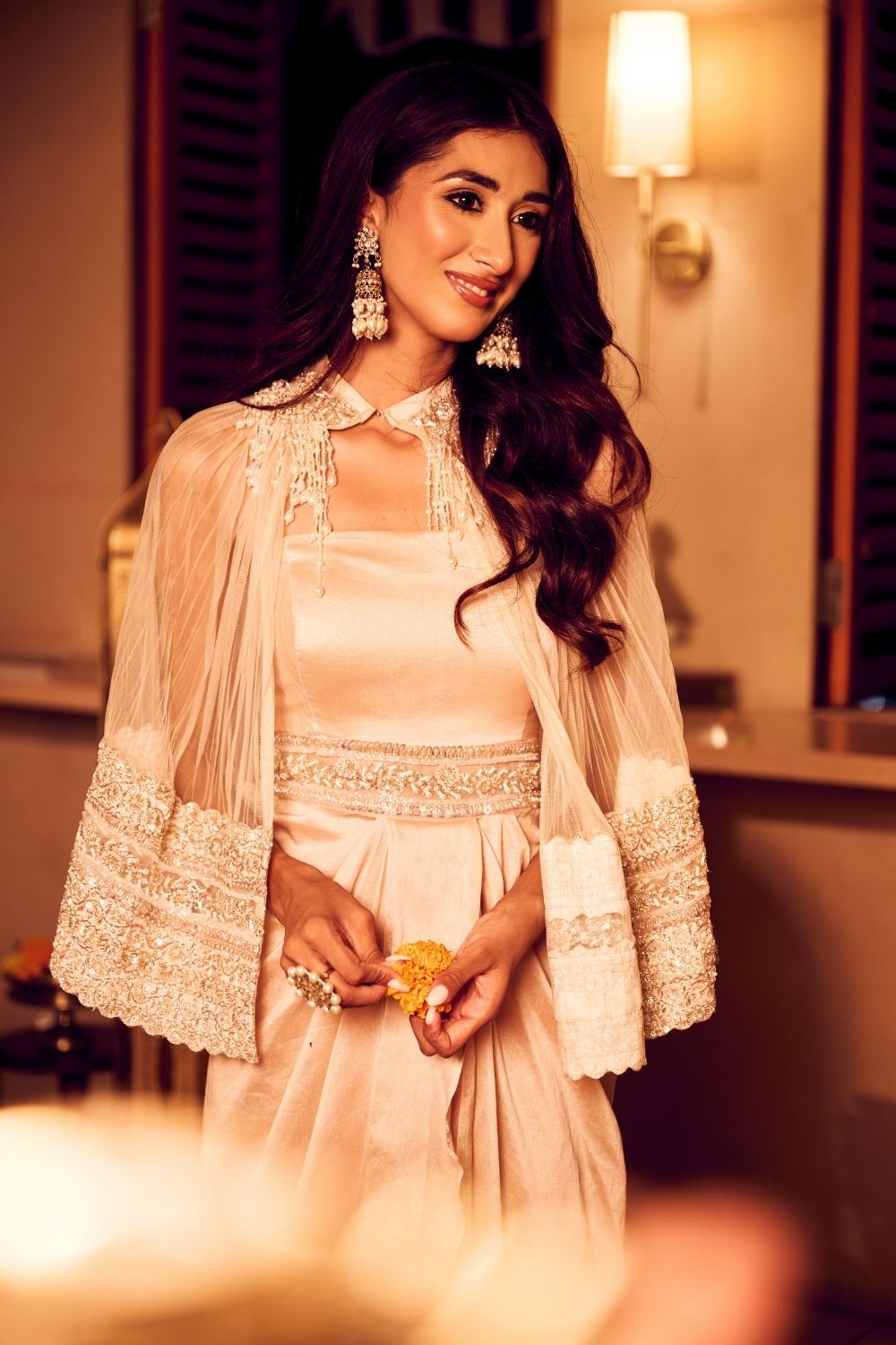 Swan Song Ivory Crepe Embellished Cutdana Gown with Cape