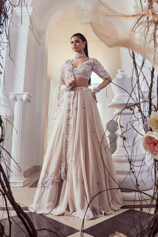 Helen Light Peach 3D Stone Embellished Crepe and Net Lehenga Set with Sweetheart Neckline