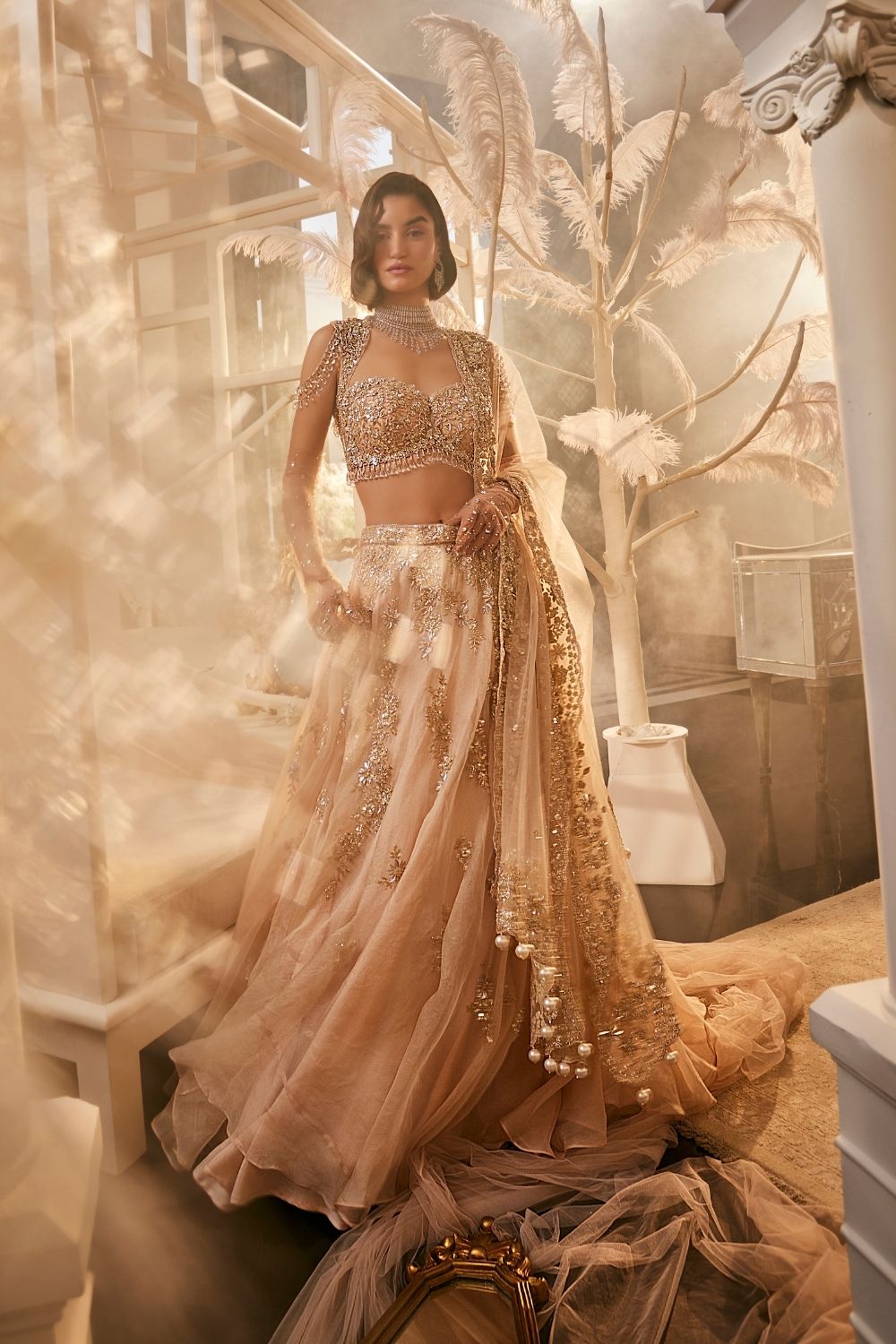 Proserpina Blush Pink Embellished Kora Organza Lehenga and Blouse with Dupatta