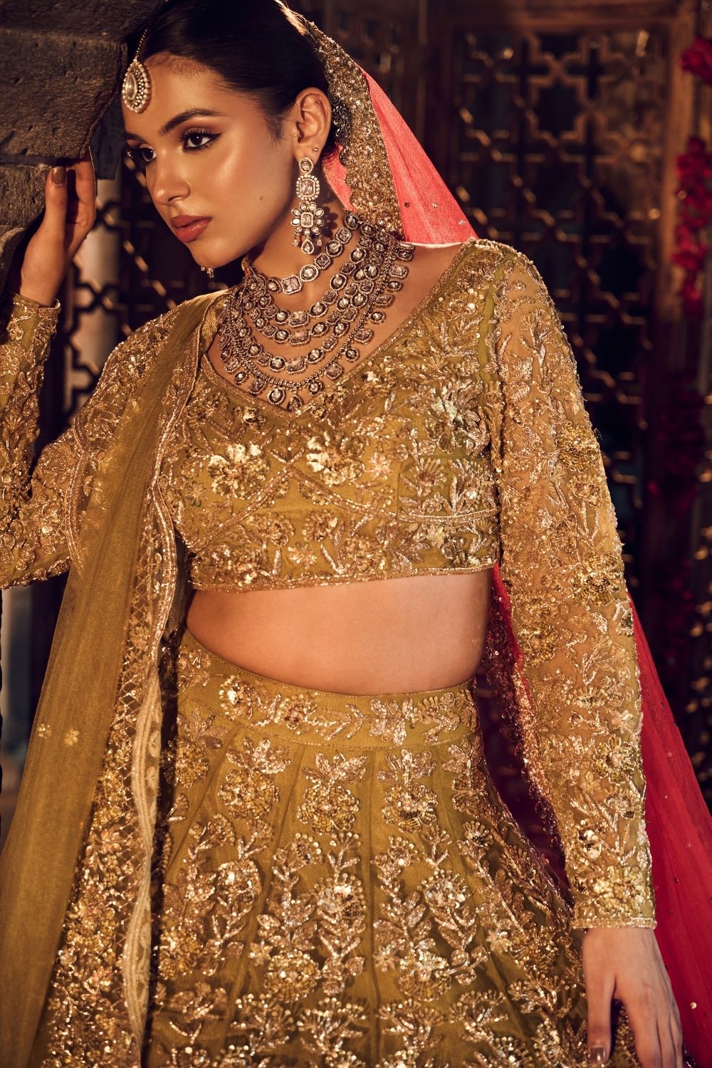 Gulbadan Plam Green Kora Organza Lining Shantoon Bridal Lehenga Set