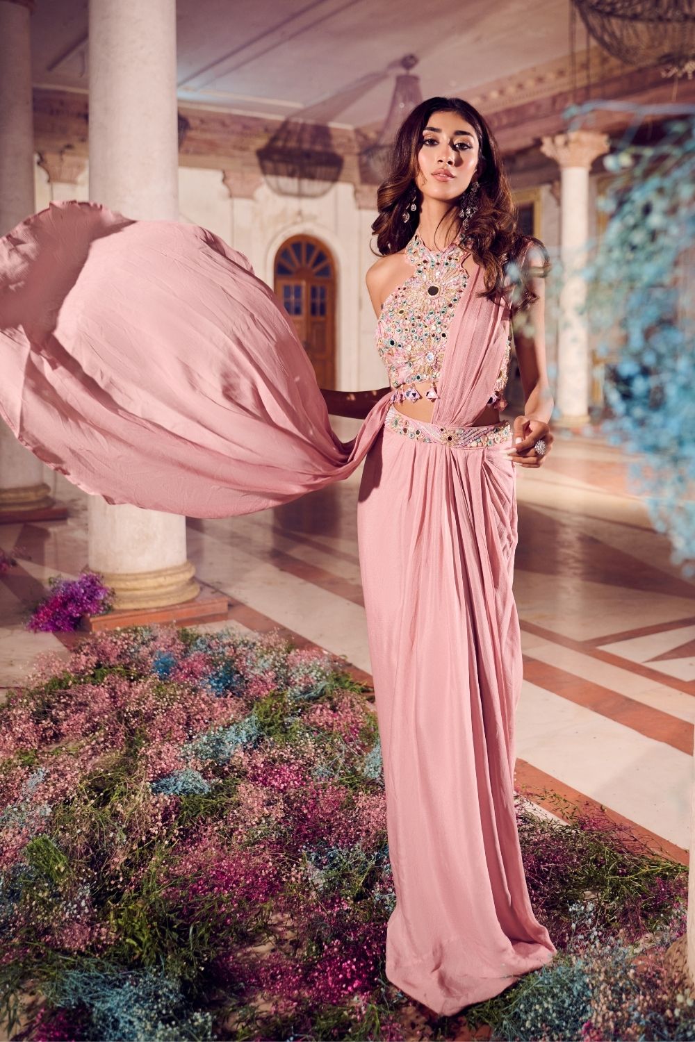 Rosa Rose Gold Mirrorwork Draped Skirt with Bustier