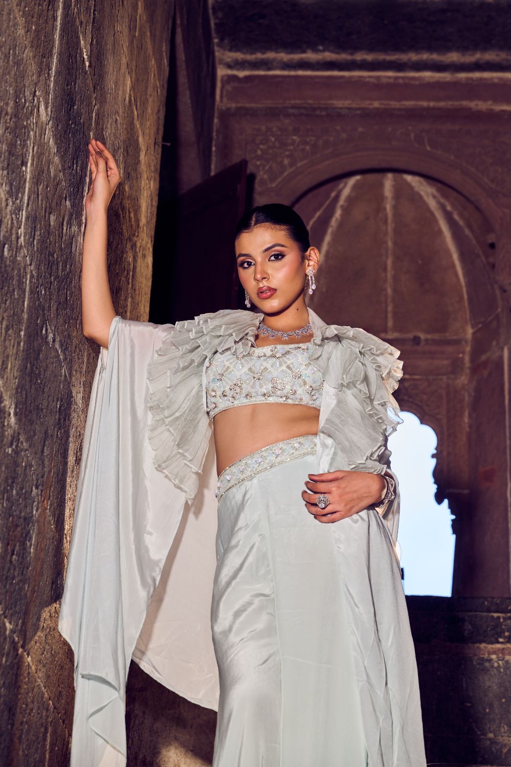 Astra Powder Blue Embellished Crepe Pant Set with Cape