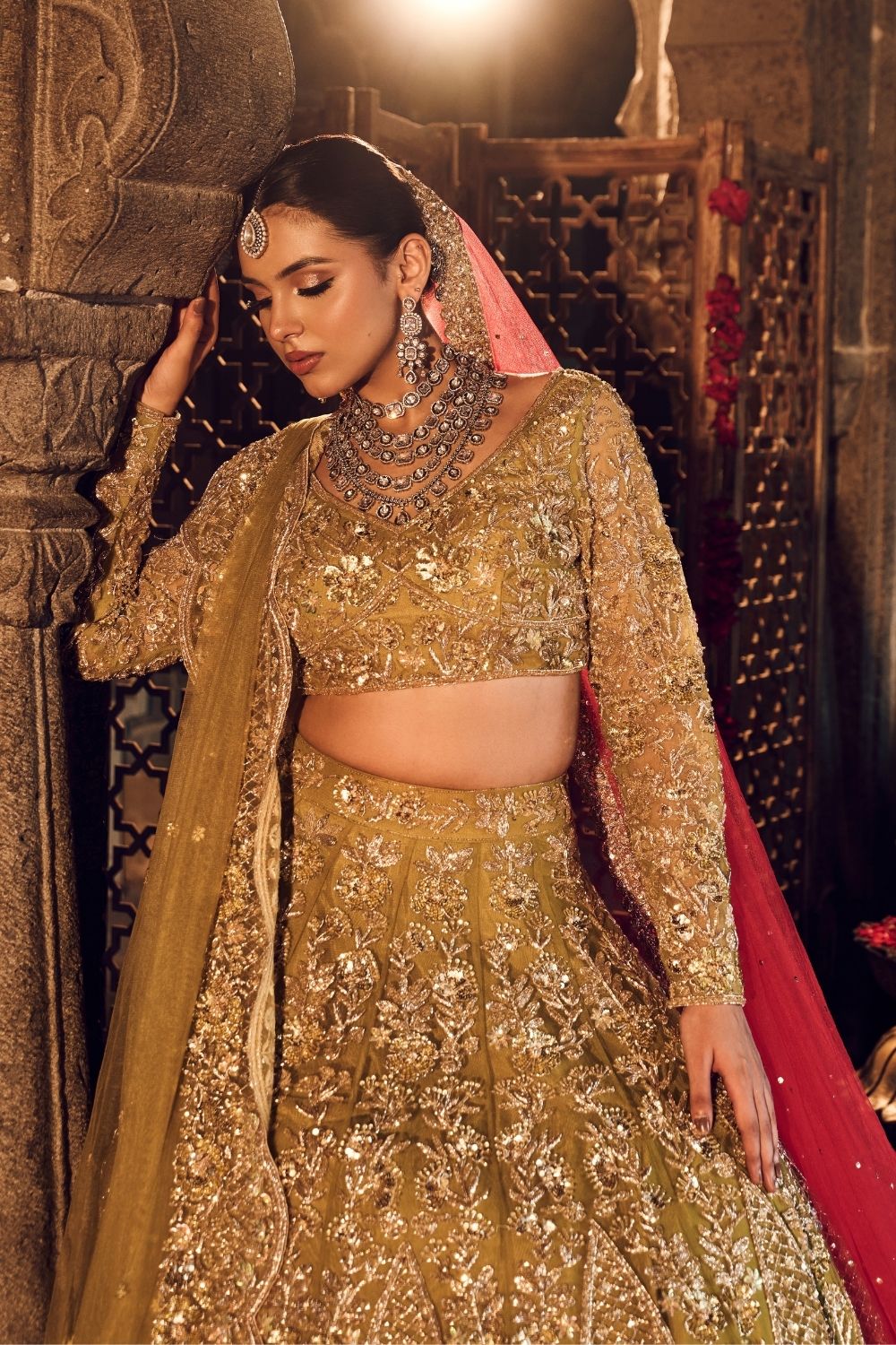 Gulbadan Plam Green Kora Organza Lining Shantoon Bridal Lehenga Set