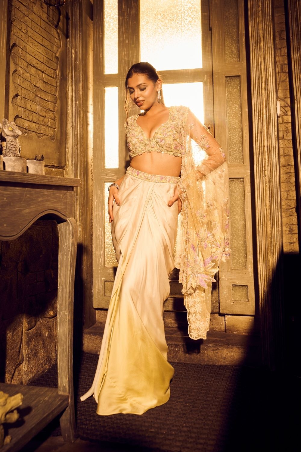 Virgo Green Ivory Ombre Embellished Sweetheart-Neck Satin Organza Net Drape Skirt Set with Dupatta