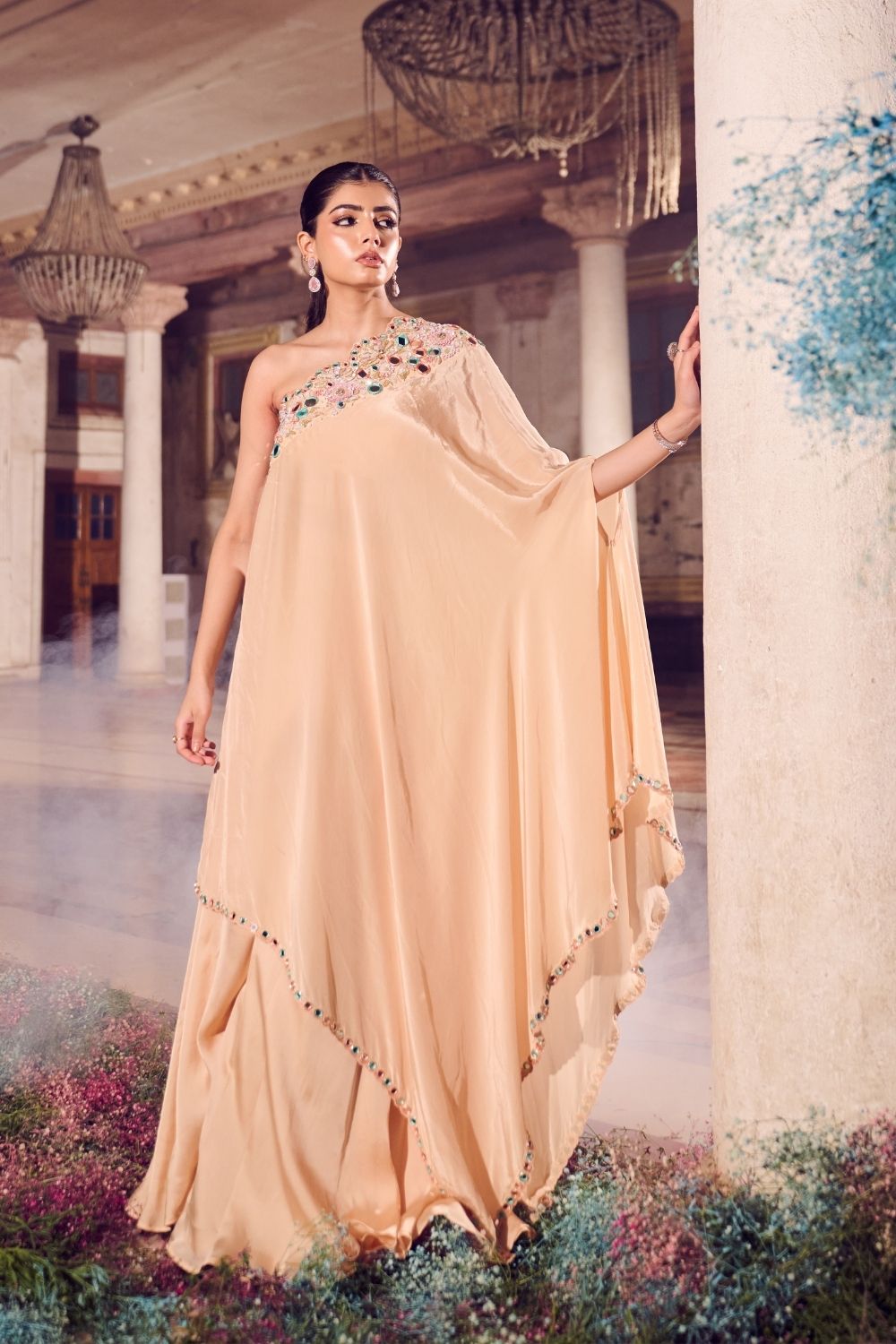 Zarafshan Cream Mirrorwork One shoulder Kaftan with Flared Pant and Bustier