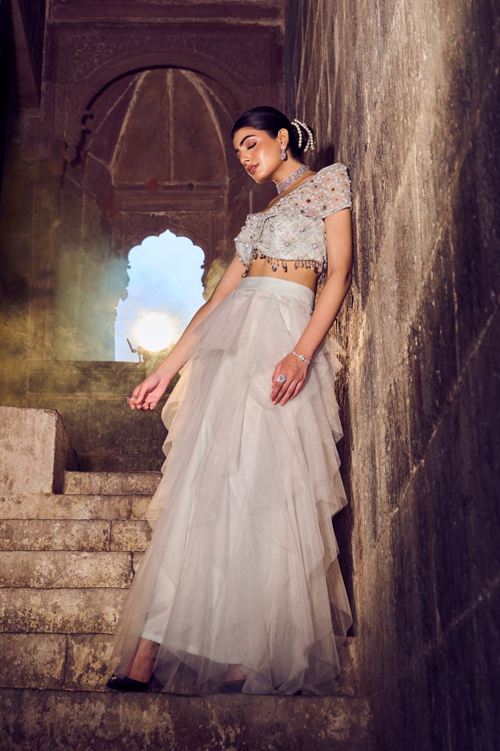 Lustre Powder Blue Embellished Net Ruffle Skirt and Blouse