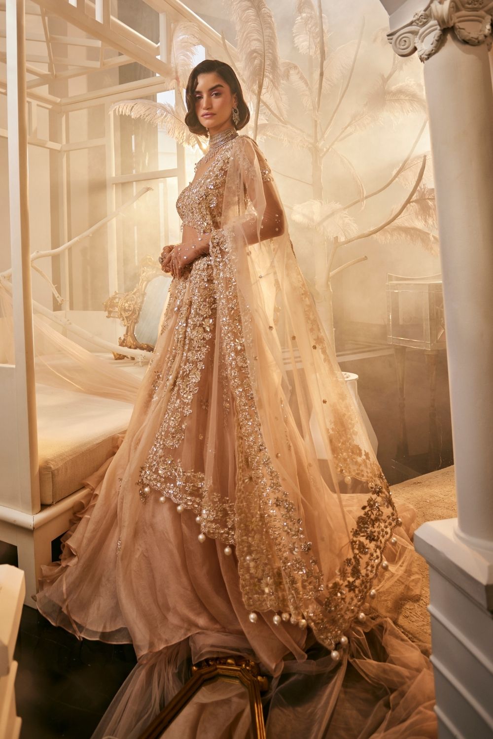 Proserpina Blush Pink Embellished Kora Organza Lehenga and Blouse with Dupatta