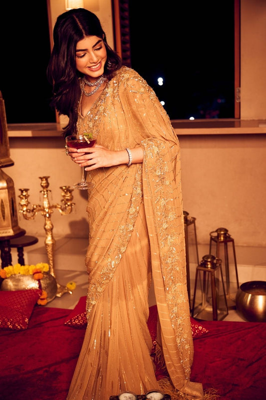 Golden Sunset Gold Georgette Embellished Cutdana Drape Saree with Blouse