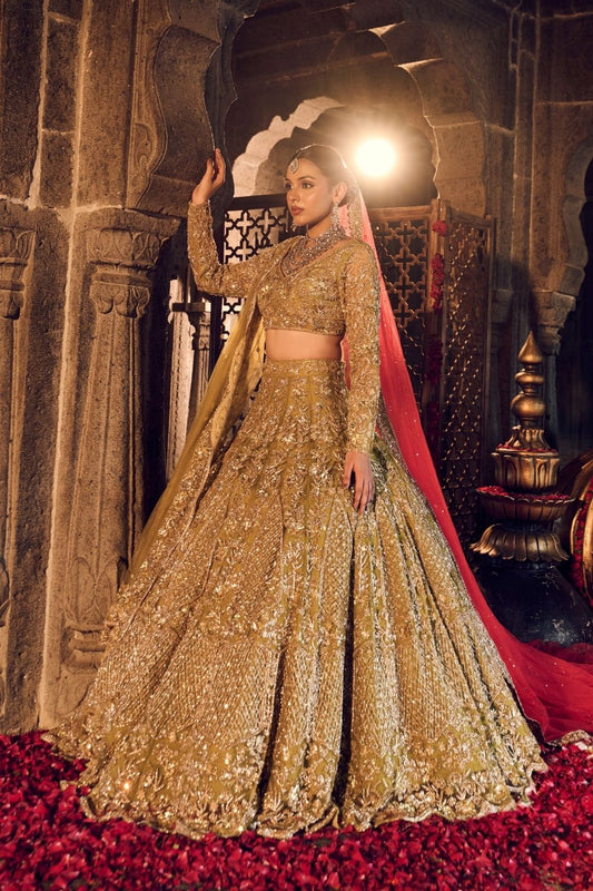 Gulbadan Plam Green Kora Organza Lining Shantoon Bridal Lehenga Set