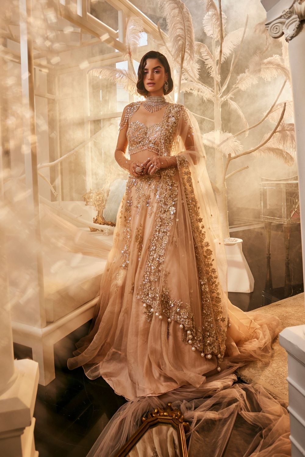 Proserpina Blush Pink Embellished Kora Organza Lehenga and Blouse with Dupatta