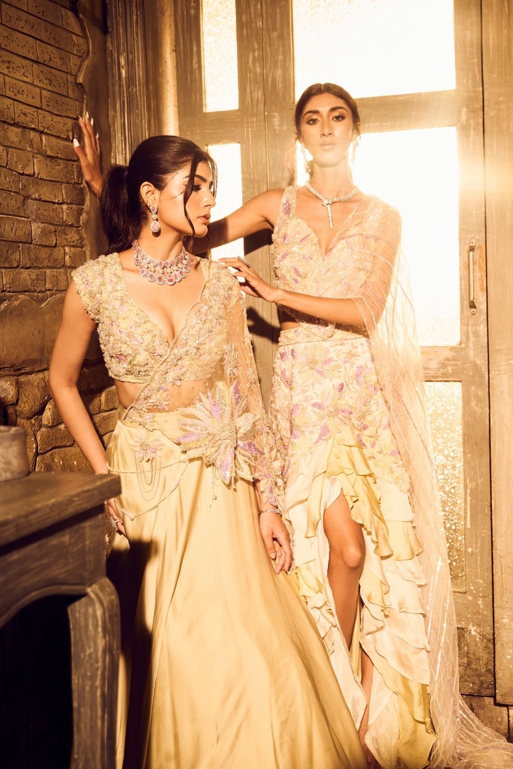 Carina Green Ivory Ombre Embellished V-neck Satin Organza Net Ruffle Gown with Drape