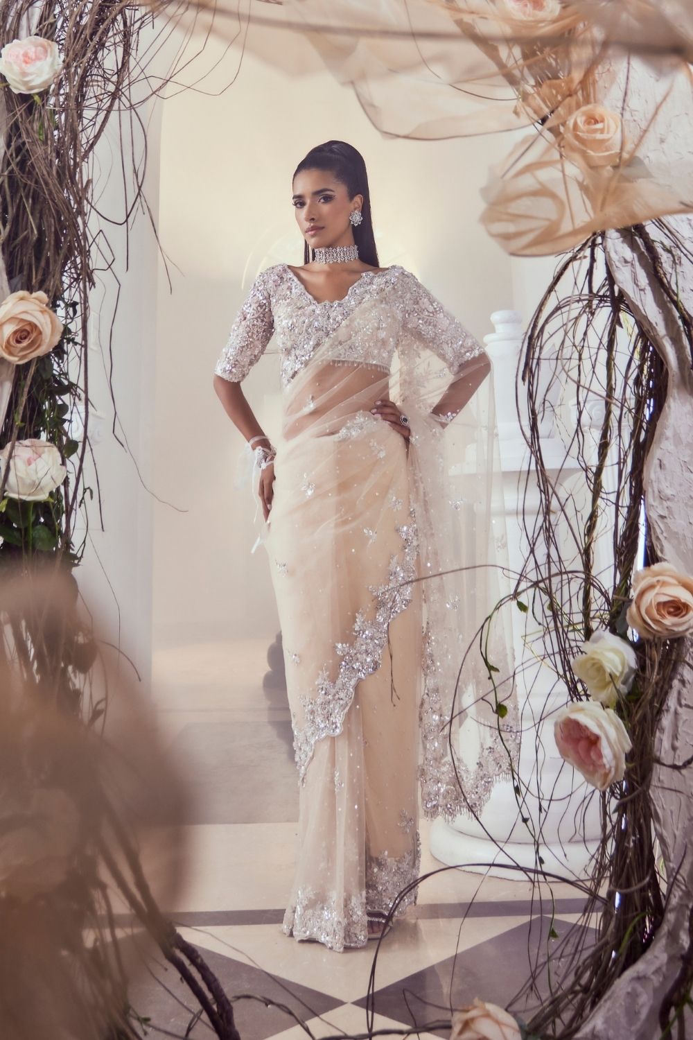 Sylvie Light Peach 3D Stone Embellished Net Saree Set with Sweet-V Neckline